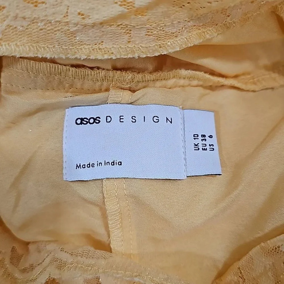 ASOS DESIGN lace insert cut out textured pleated midi dress in lemon yellow Sz 6 - Picture 4 of 12